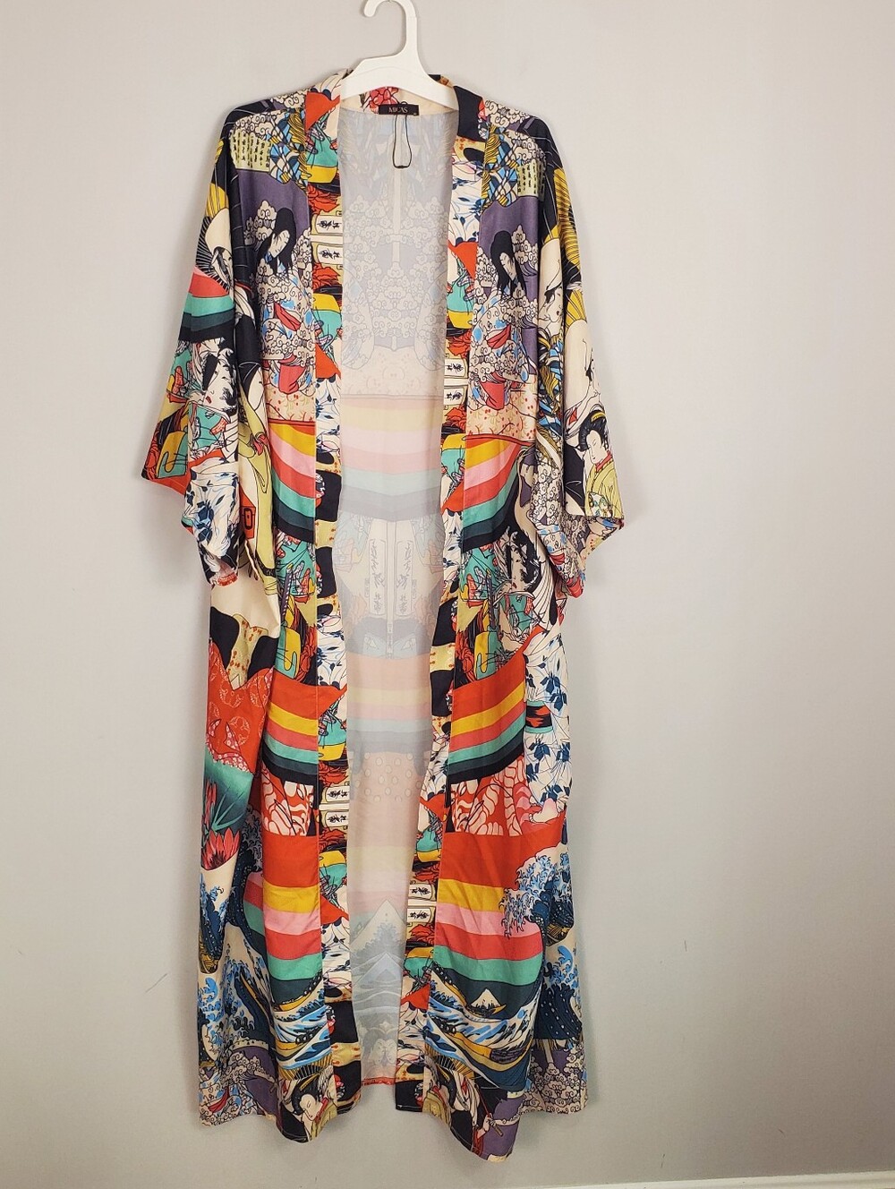 Micas Japanese Multicolor Print Kimono Robe Jacket Satin Boho Duster Size M - Picture 6 of 15